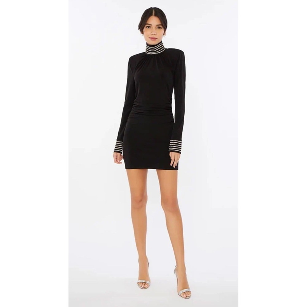 Cinq a Sept Izzy Mini Dress Black Long Sleeve Jeweled Open Back High Mock Neck